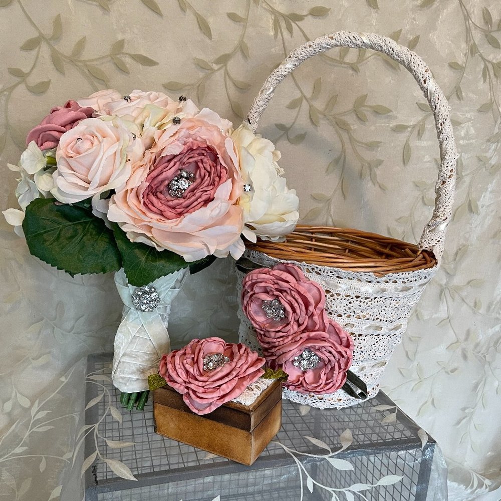 Rustic Wedding Bouquet Satin Rose Set, Flower Girl Basket, Ring Bearer Box (New)